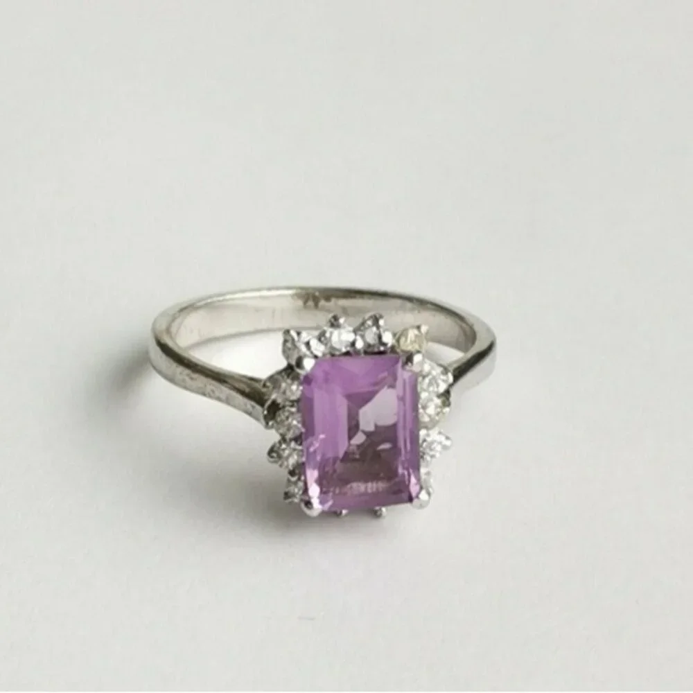 Amethyst White Topaz Halo Ring Sterling Silver Size 6